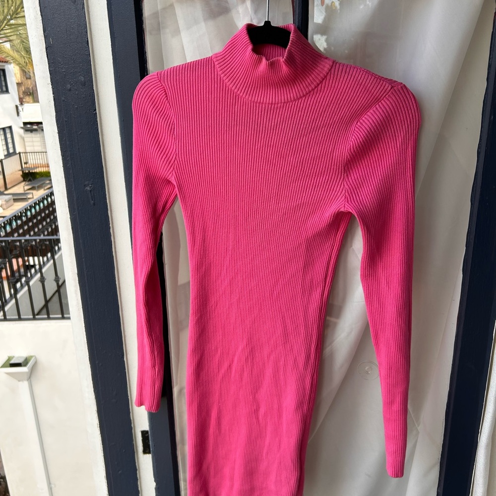 Vibrant Pink Ribbed Turtleneck Dress
